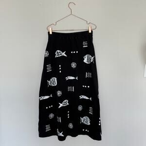 Cotton Fields M. Mac Womens Skirt Medium Black Fish Print Lagenlook Art To Wear